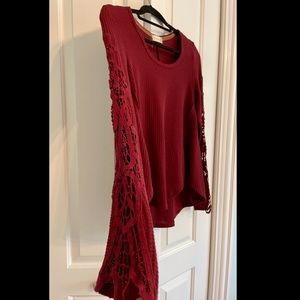 Lacy arm red waffle blouse